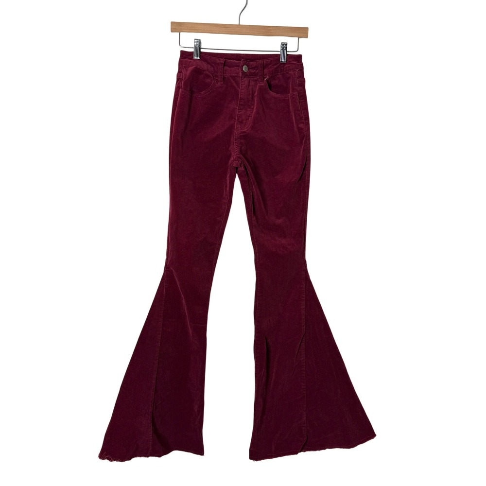 Wisteria Lane Burgundy Corduroy Flare Leg Pants High Rise‎ Raw Hem Womens Small